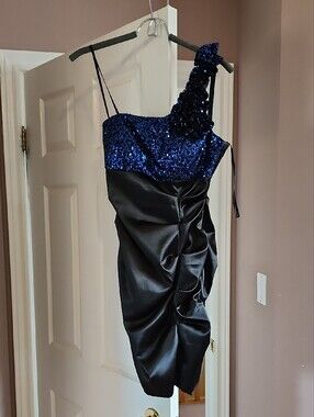 Blondie Nites One-Shoulder Blue Sequin & Black Wedding Guest Dress